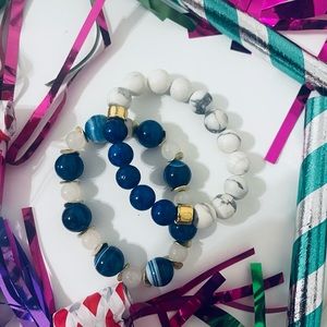 Anthropologie, WHITE HOWLITE & Navy Beads, Stretch Beaded Bracelets, Duo